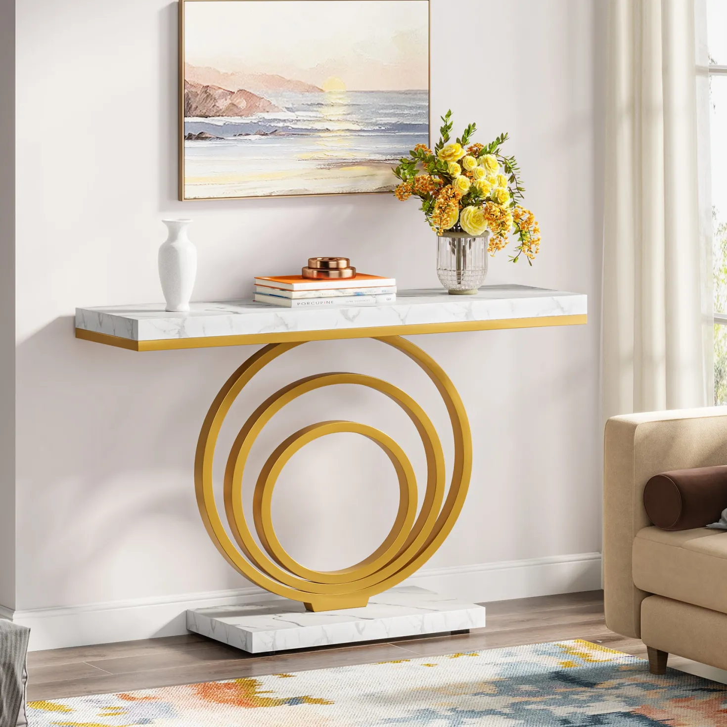 Narrow Console Table, 41" Entryway Sofa Table with Ring Base
