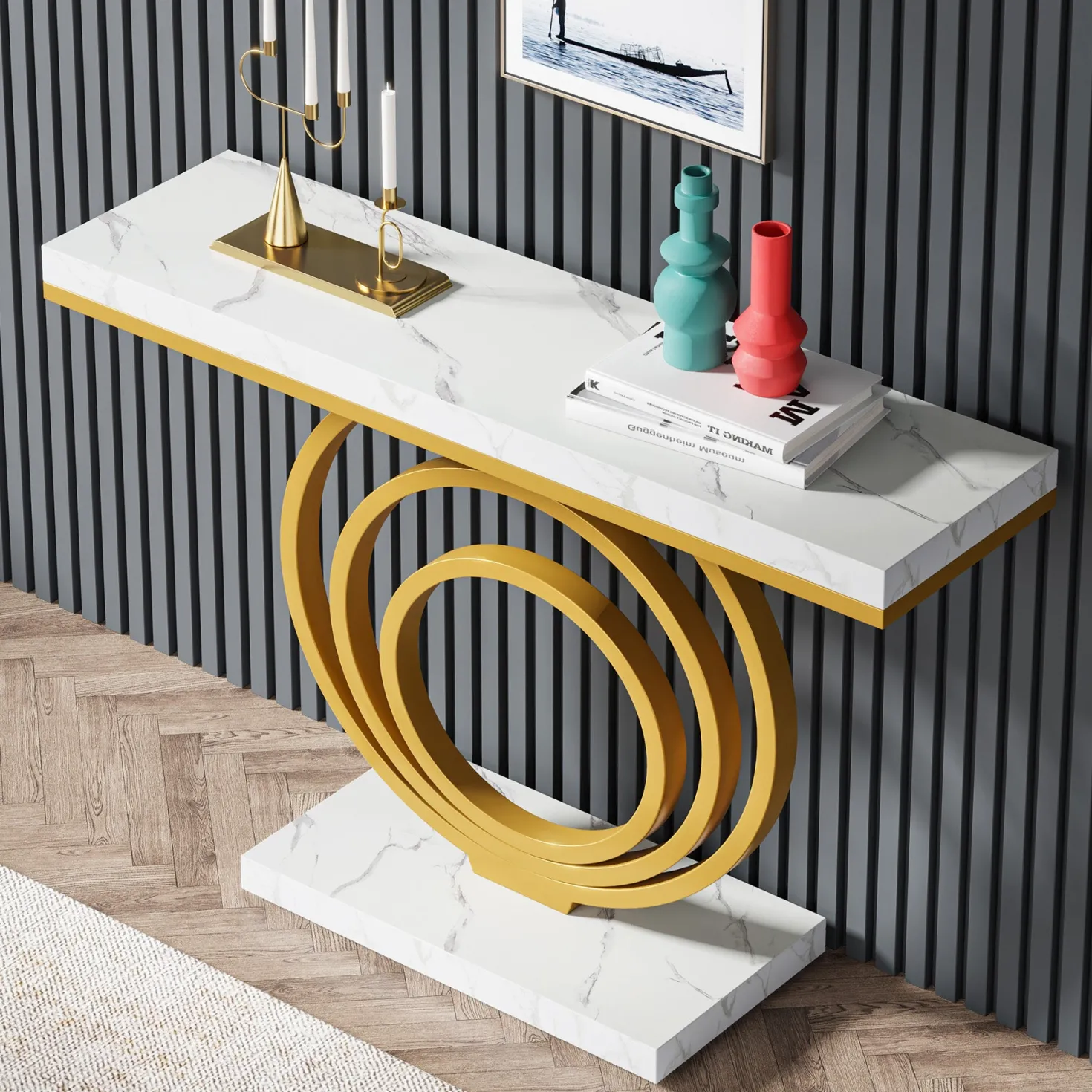 Narrow Console Table, 41" Entryway Sofa Table with Ring Base