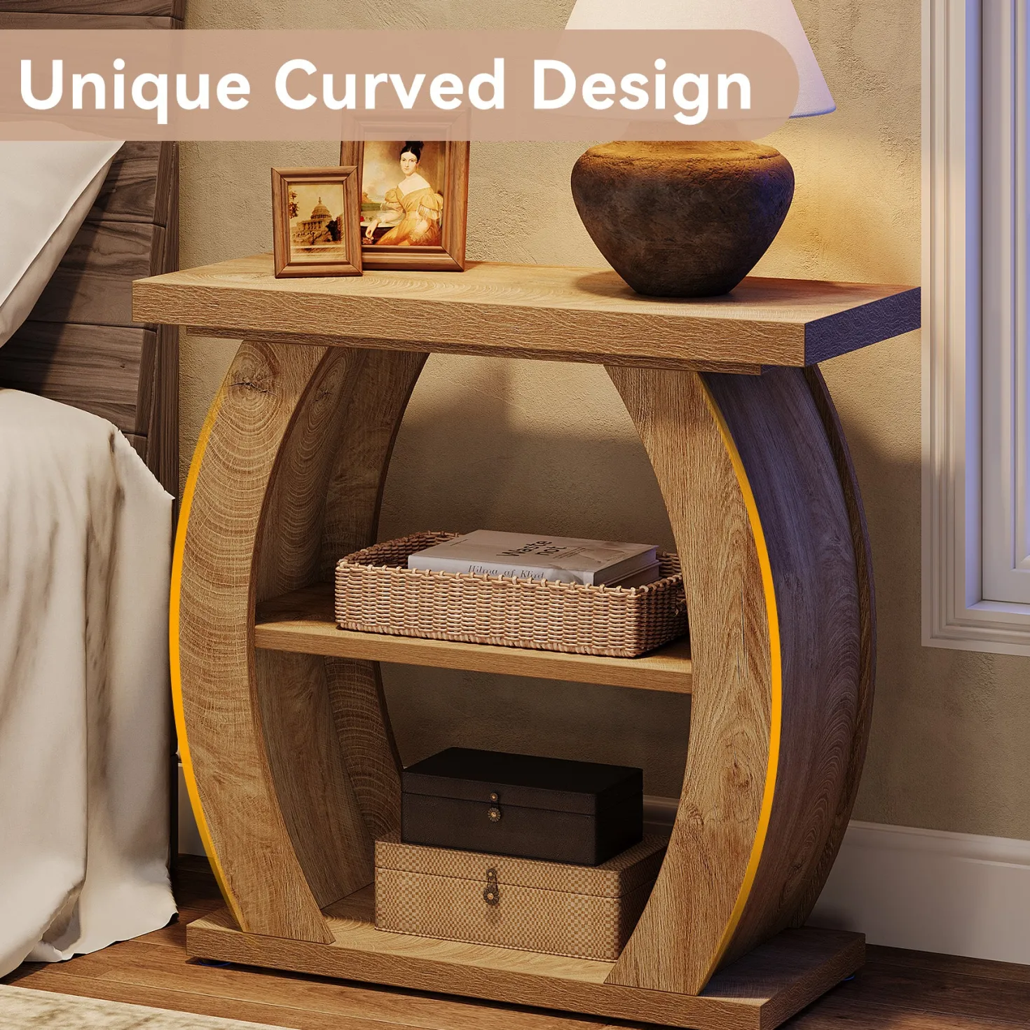 Narrow End Table, 2-Tier Farmhouse Side Table with Curved Frame