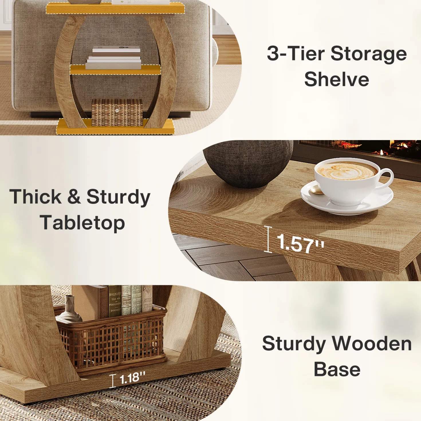 Narrow End Table, 2-Tier Farmhouse Side Table with Curved Frame