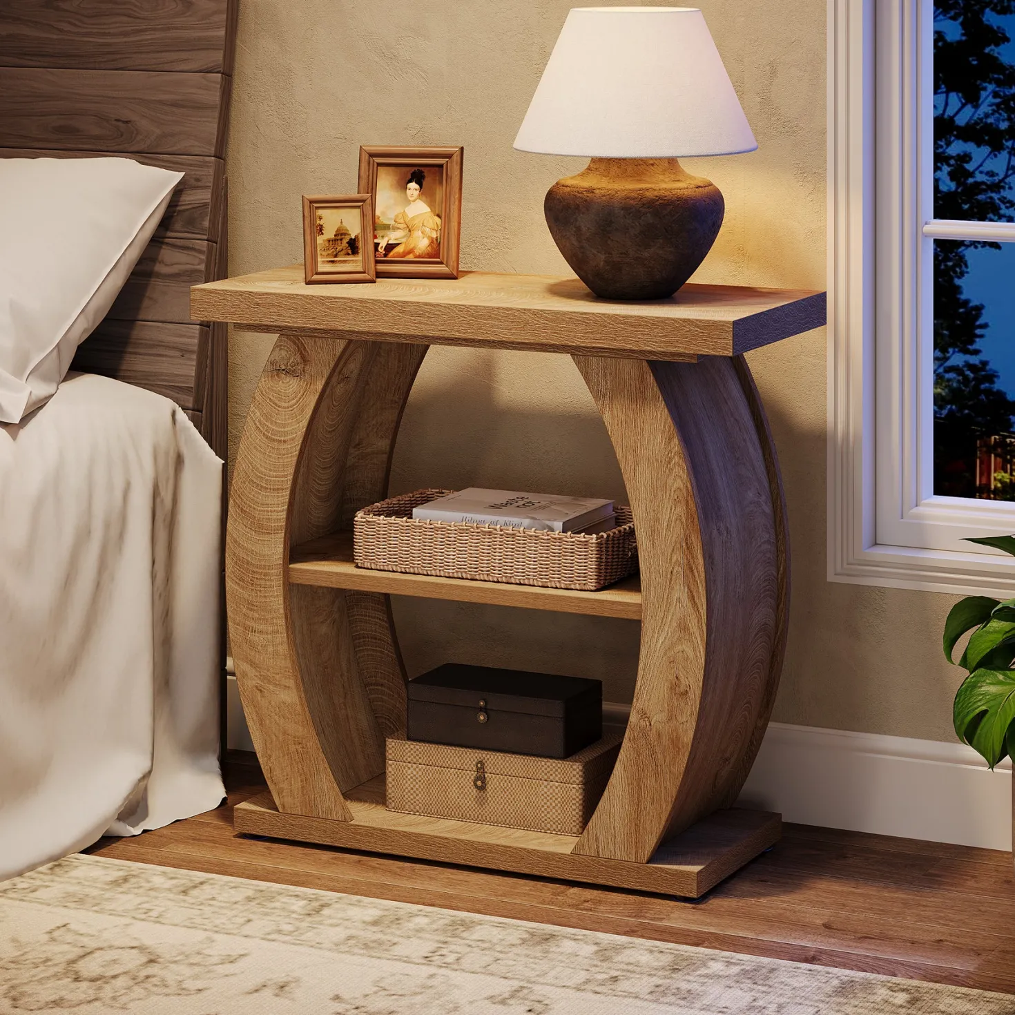 Narrow End Table, 2-Tier Farmhouse Side Table with Curved Frame