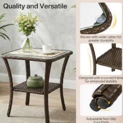 Outdoor Side Table, Rattan Wicker Table with Tempered Glass Top