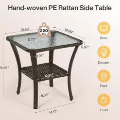 Outdoor Side Table, Rattan Wicker Table with Tempered Glass Top