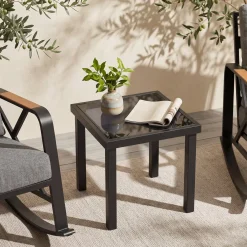 Outdoor Square End Table, Patio Side Table with Water-Resistant Glass Top