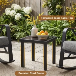 Outdoor Square End Table, Patio Side Table with Water-Resistant Glass Top