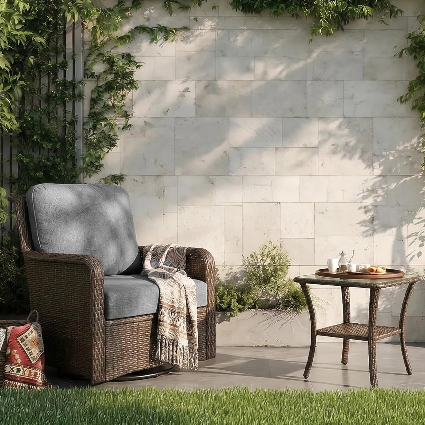 Patio Side Table, Outdoor 2-Tier Rattan End Table for Porch