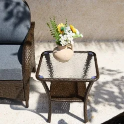 Patio Side Table, Outdoor 2-Tier Rattan End Table for Porch