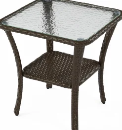 Patio Side Table, Outdoor 2-Tier Rattan End Table for Porch