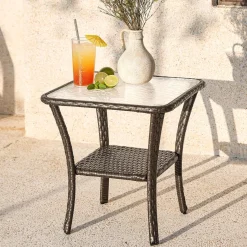 Patio Side Table, Outdoor 2-Tier Rattan End Table for Porch
