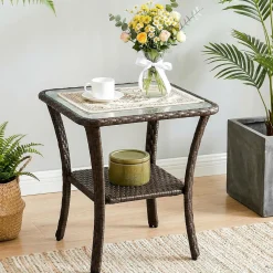 Patio Side Table, Outdoor 2-Tier Rattan End Table for Porch