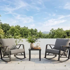 2-Person Outdoor Rocking Chair Set With Bistro Side Table And Cushions
