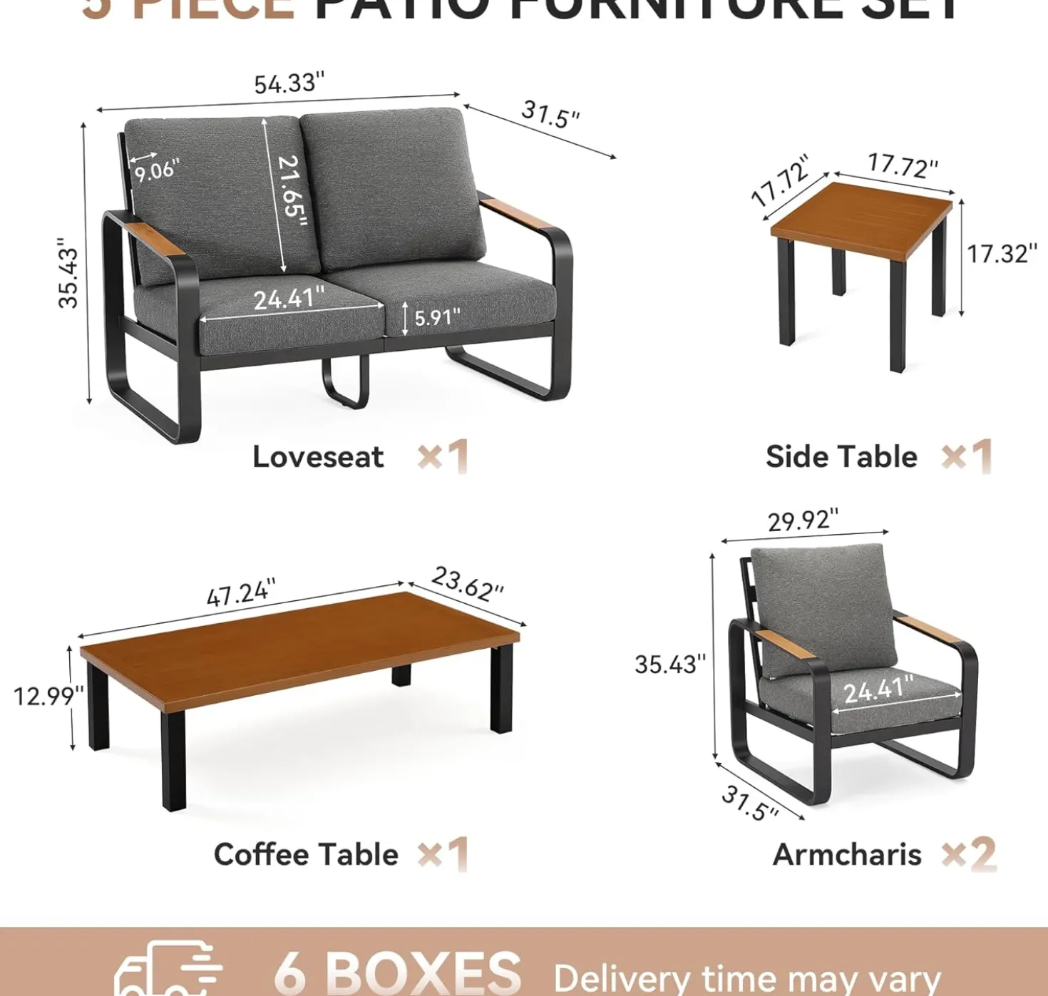 5-Piece Outdoor Patio Furniture Set Conversation Sets with Sofas & Coffee Table & Side Table