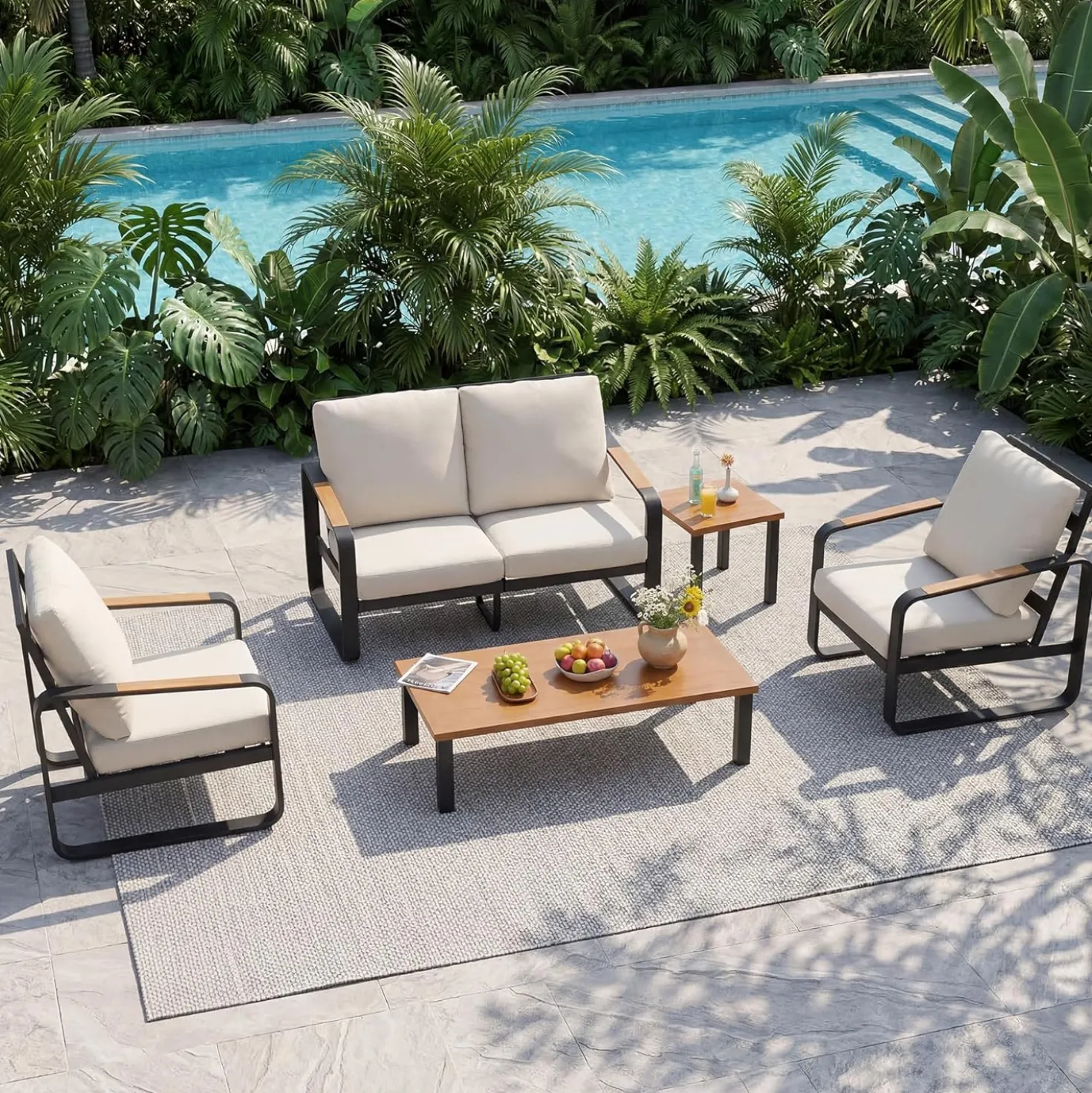 5-Piece Outdoor Patio Furniture Set Conversation Sets with Sofas & Coffee Table & Side Table