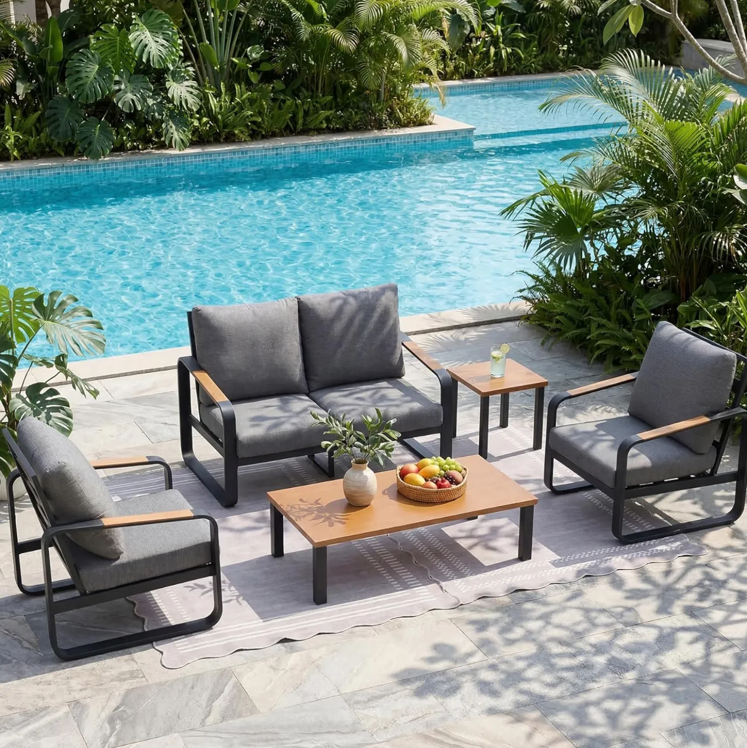 5-Piece Outdoor Patio Furniture Set Conversation Sets with Sofas & Coffee Table & Side Table