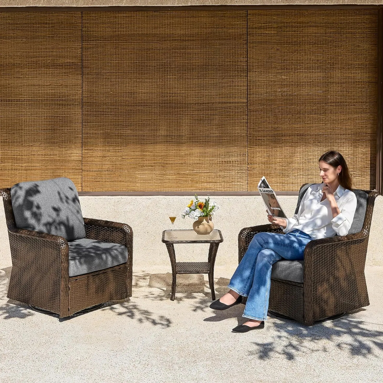 3-Piece Patio Furniture Set, Outdoor Wicker Swivel Chairs Bistro Sets