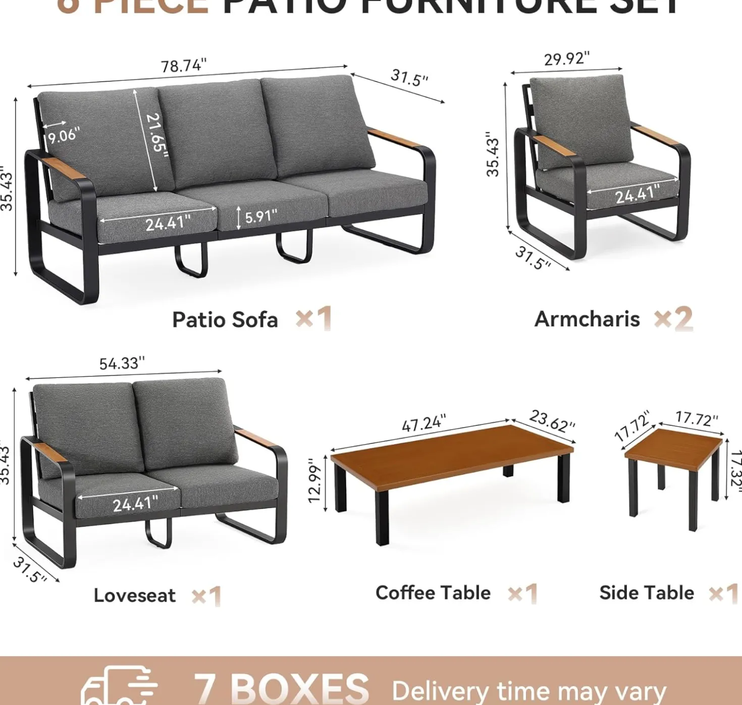 6-Piece Patio Furniture Set Outdoor Conversation Sets with Sofas & Coffee Table & Side Table