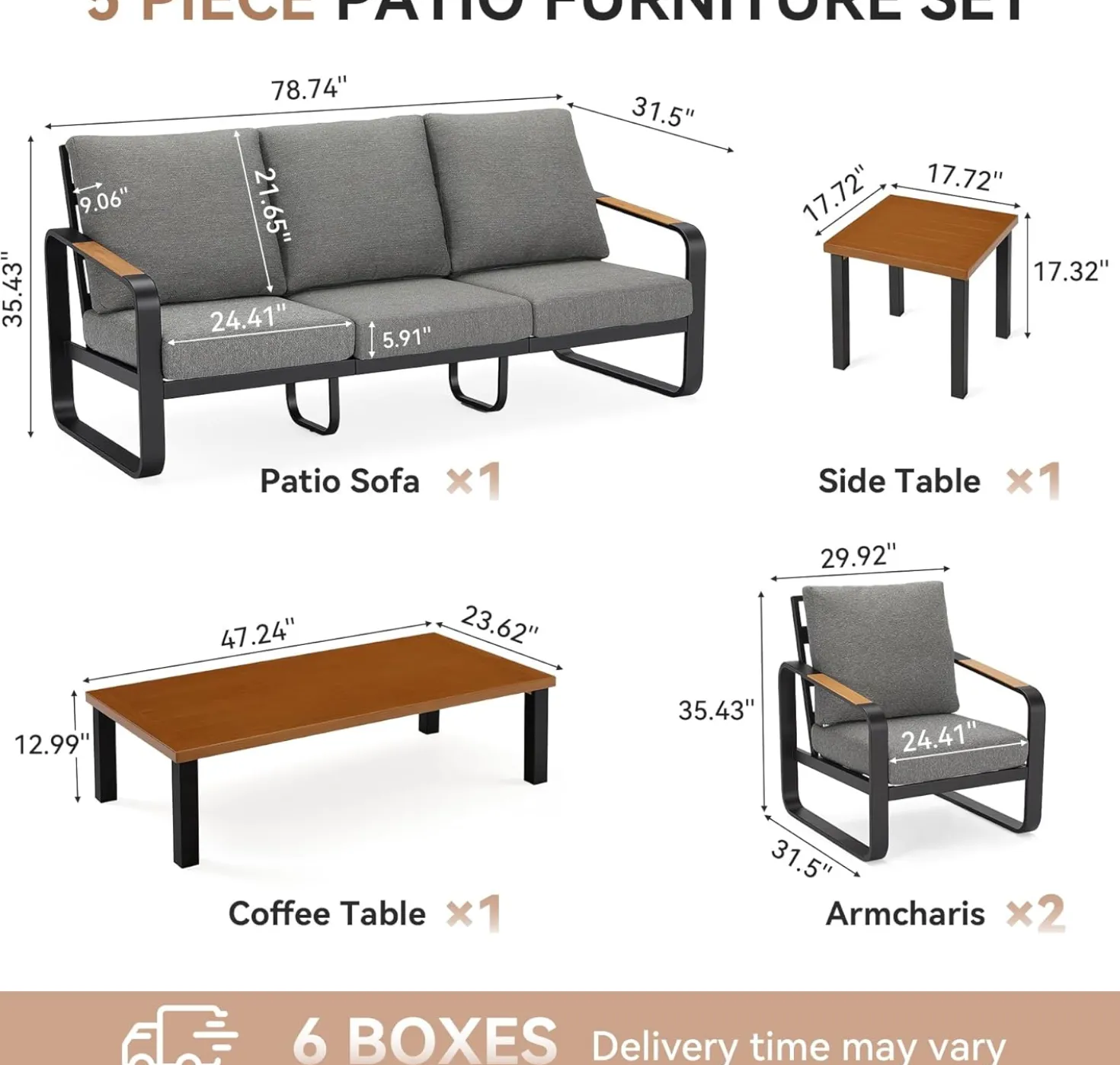 5-Piece Patio Furniture Set Outdoor Conversation Sets with Sofas & Coffee Table & Side Table