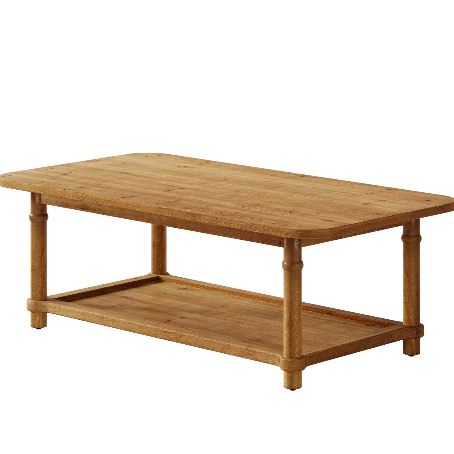 Rectangle Solid Wood Coffee Table, 47" Center Table with 2-Tier Storage