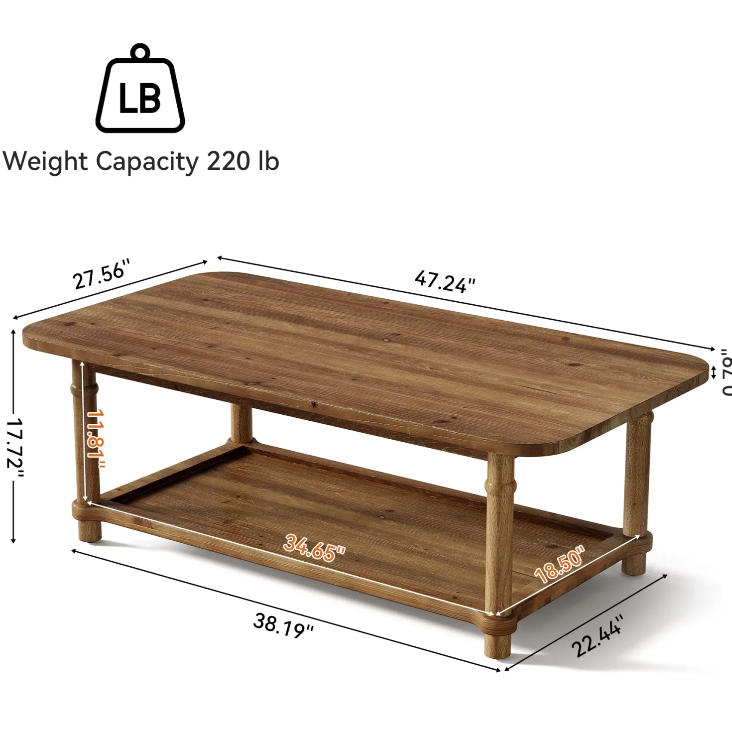 Rectangle Solid Wood Coffee Table, 47" Center Table with 2-Tier Storage