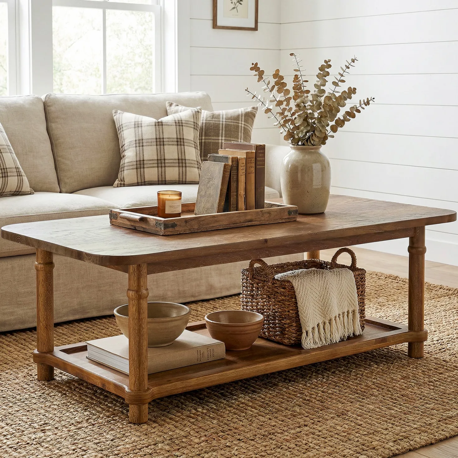 Rectangle Solid Wood Coffee Table, 47" Center Table with 2-Tier Storage