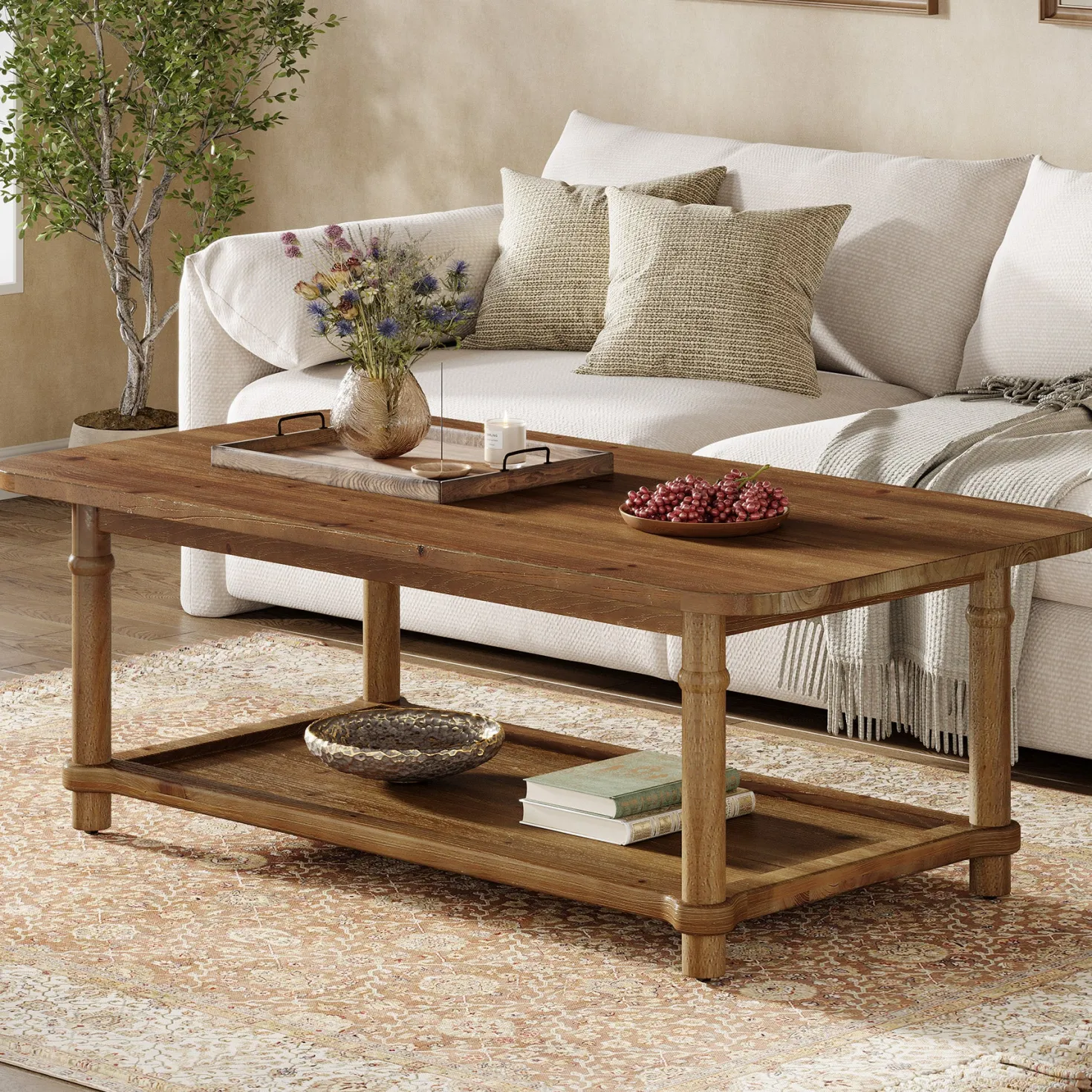 Rectangle Solid Wood Coffee Table, 47" Center Table with 2-Tier Storage