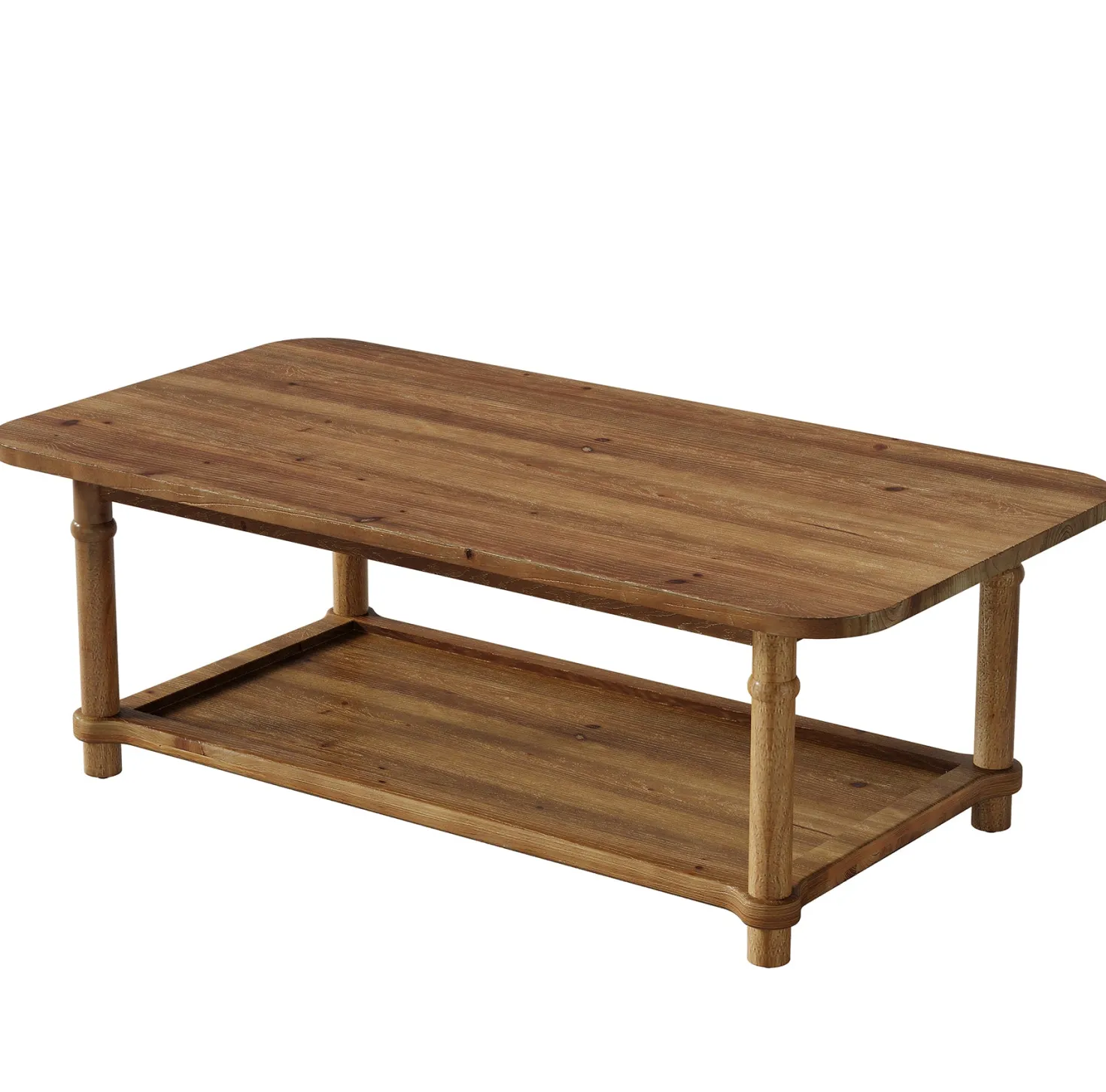 Rectangle Solid Wood Coffee Table, 47" Center Table with 2-Tier Storage