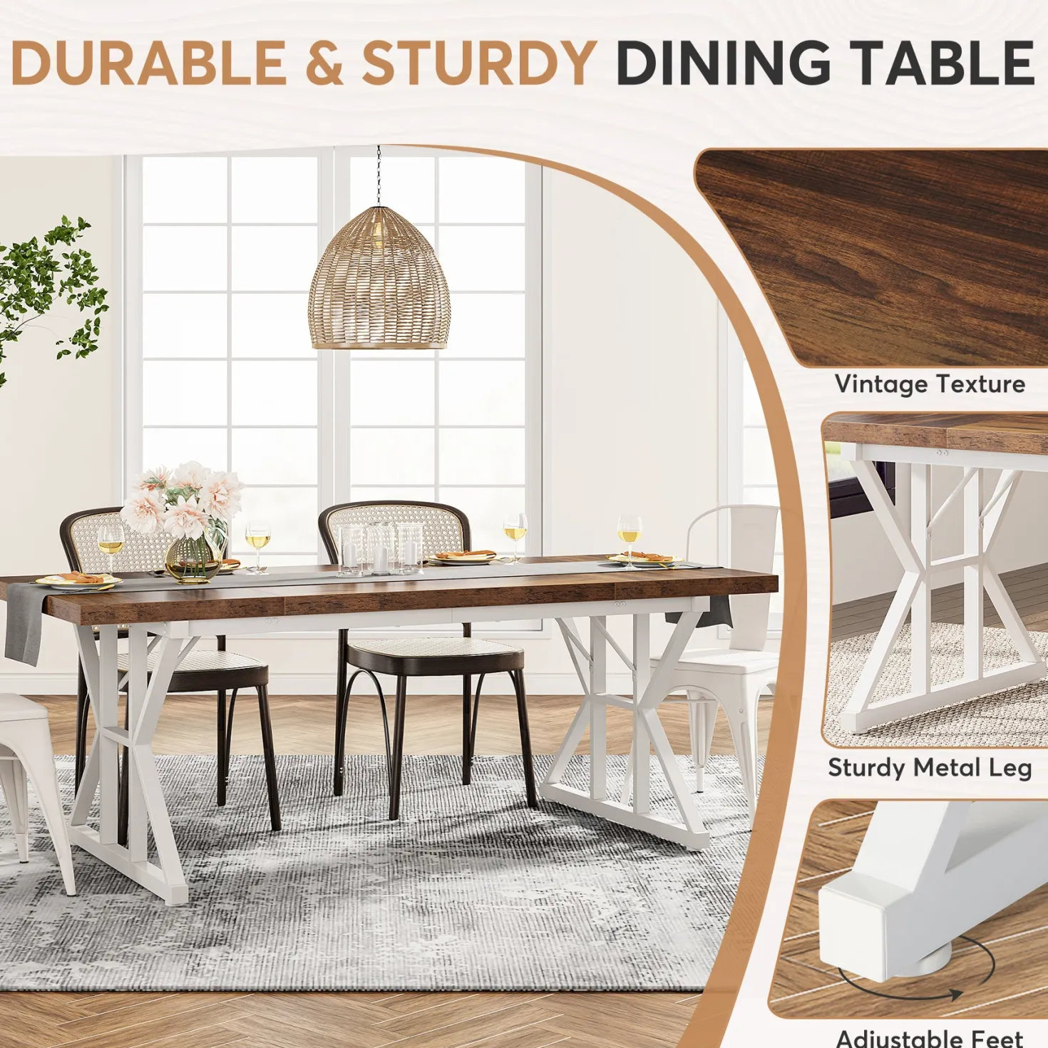 Rectangular Dining Table, Farmhouse 70.8" Kitchen Table for 6 People