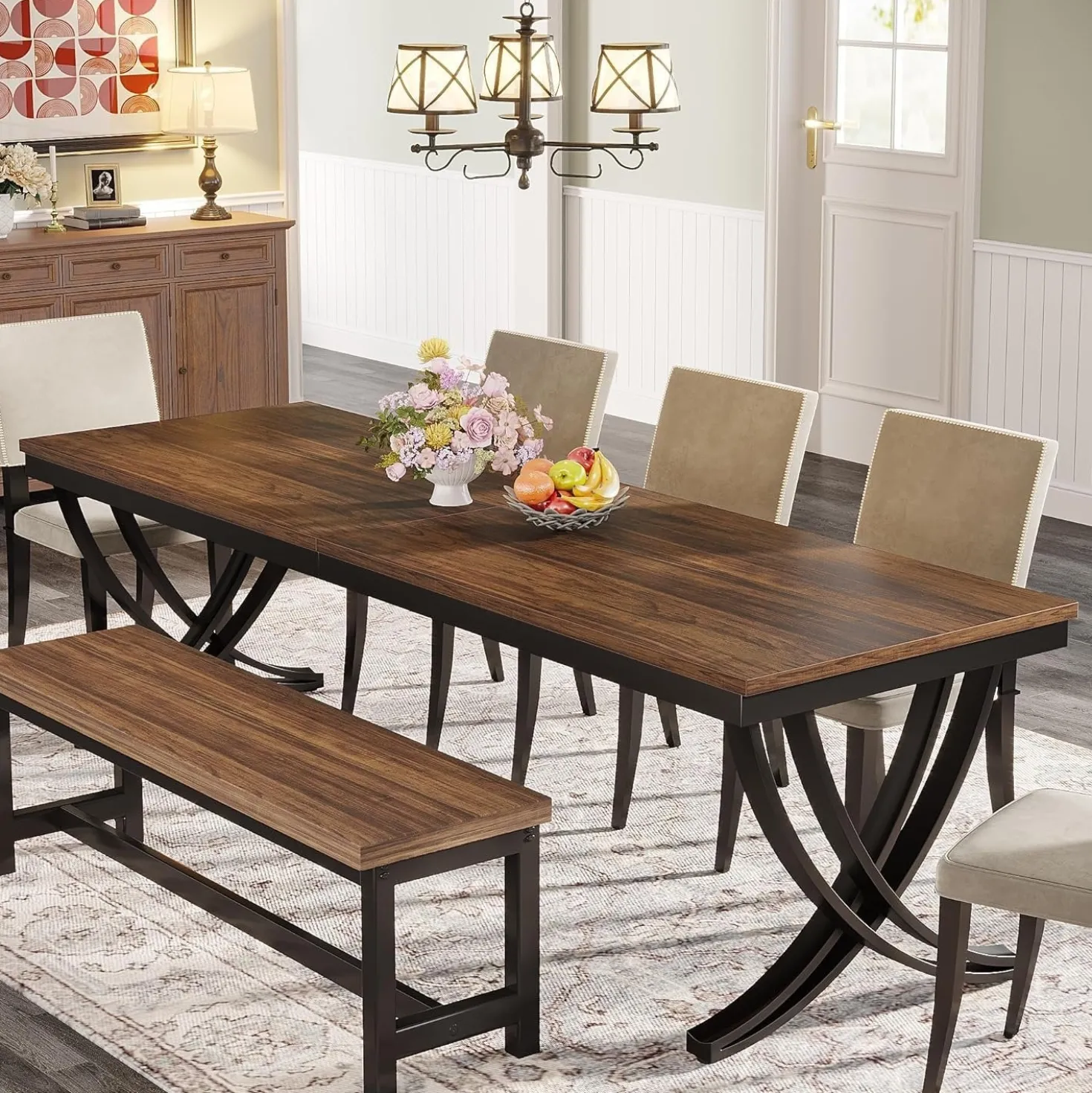 Rectangular Dining Table for 6-8, 78" Farmhouse Dinner Table with Metal Legs