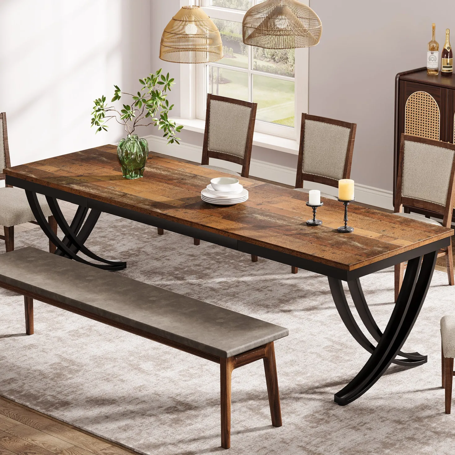 Rectangular Dining Table for 6-8, 78" Farmhouse Dinner Table with Metal Legs