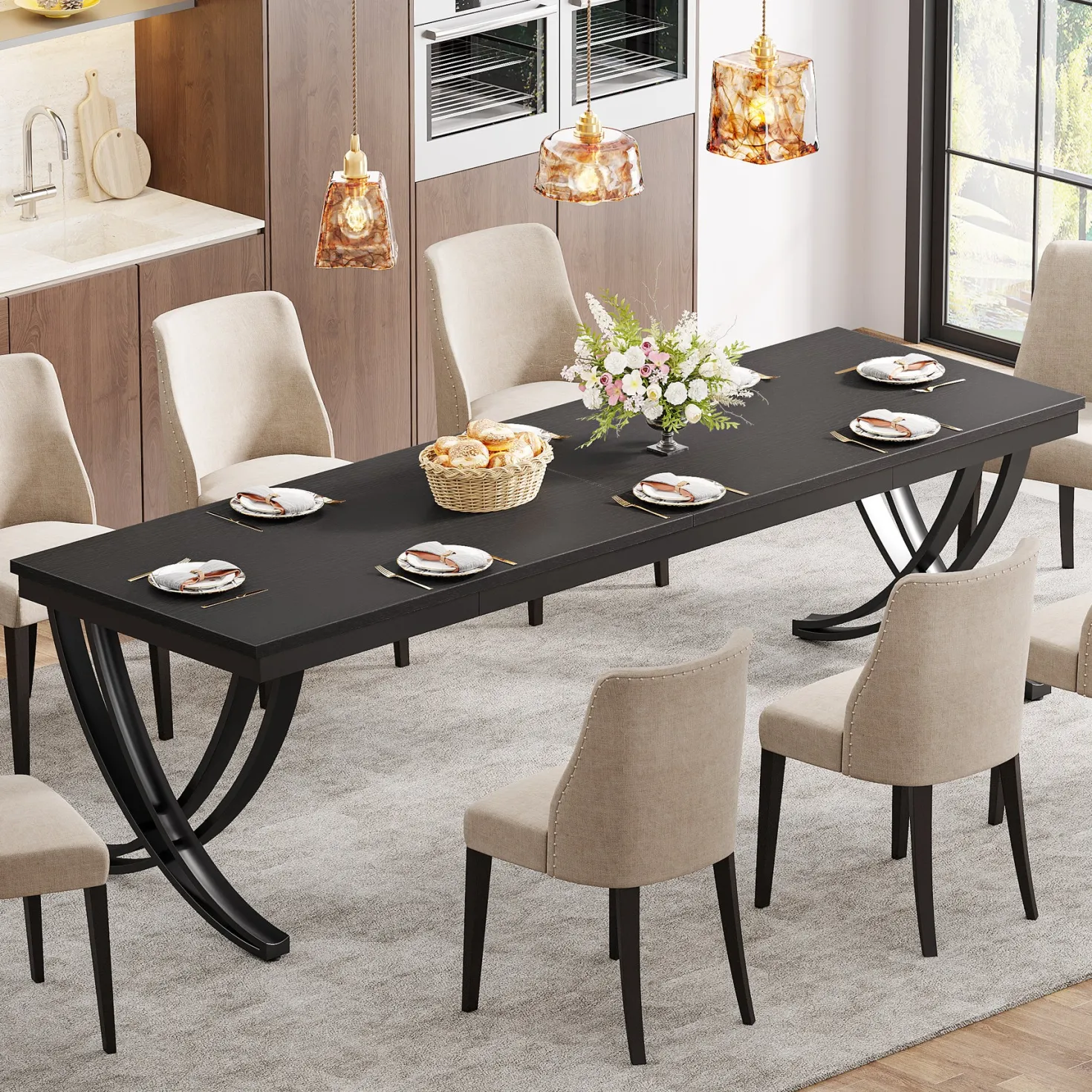 Rectangular Dining Table for 6-8, 78" Farmhouse Dinner Table with Metal Legs