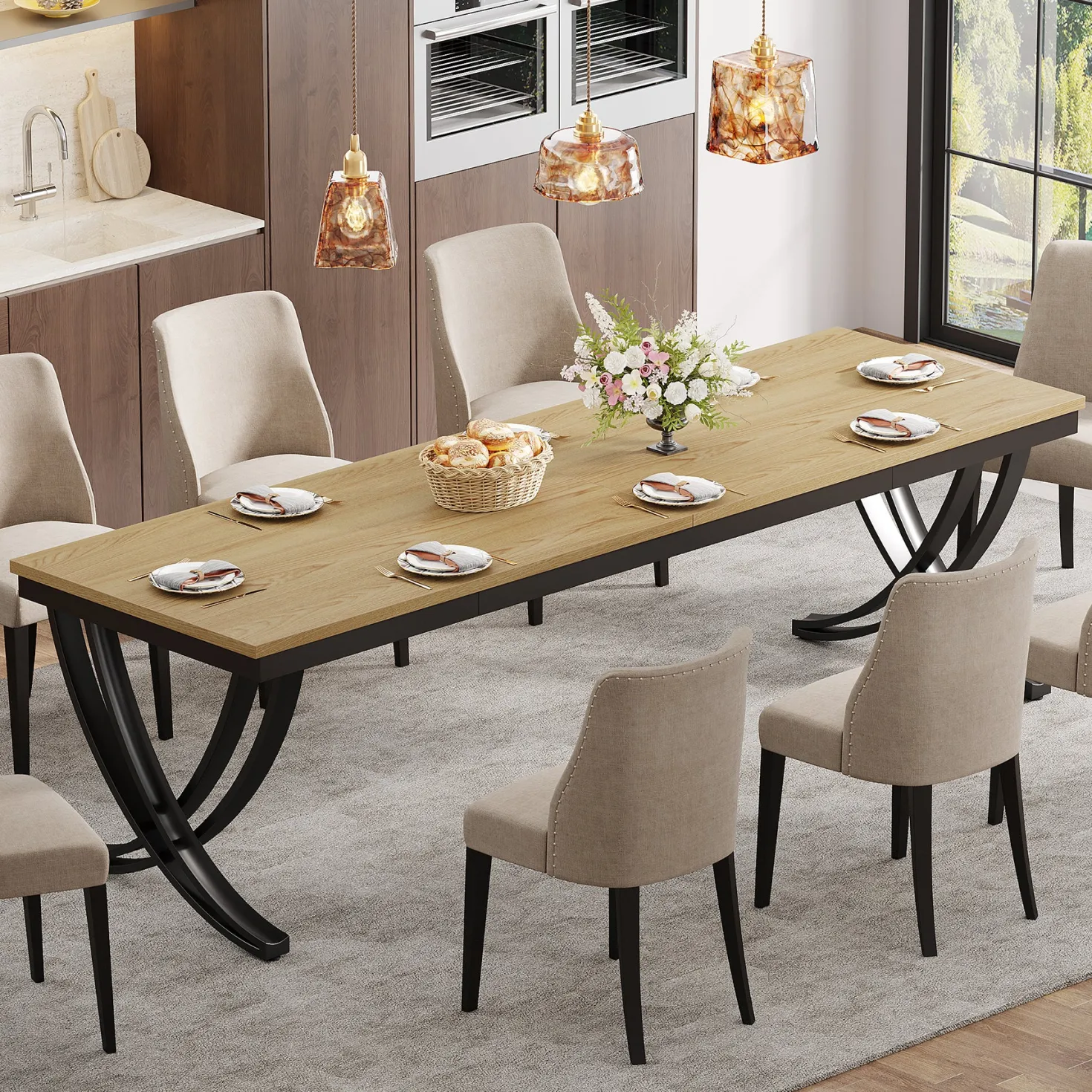 Rectangular Dining Table for 6-8, 78" Farmhouse Dinner Table with Metal Legs