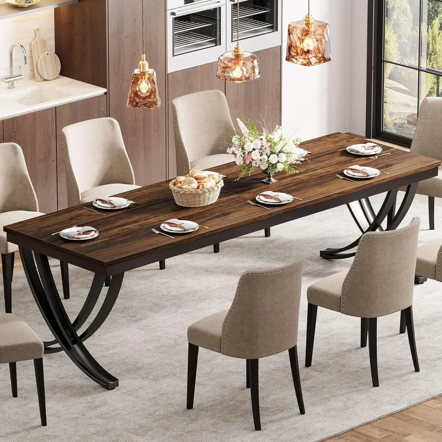 Rectangular Dining Table for 6-8, 78" Farmhouse Dinner Table with Metal Legs