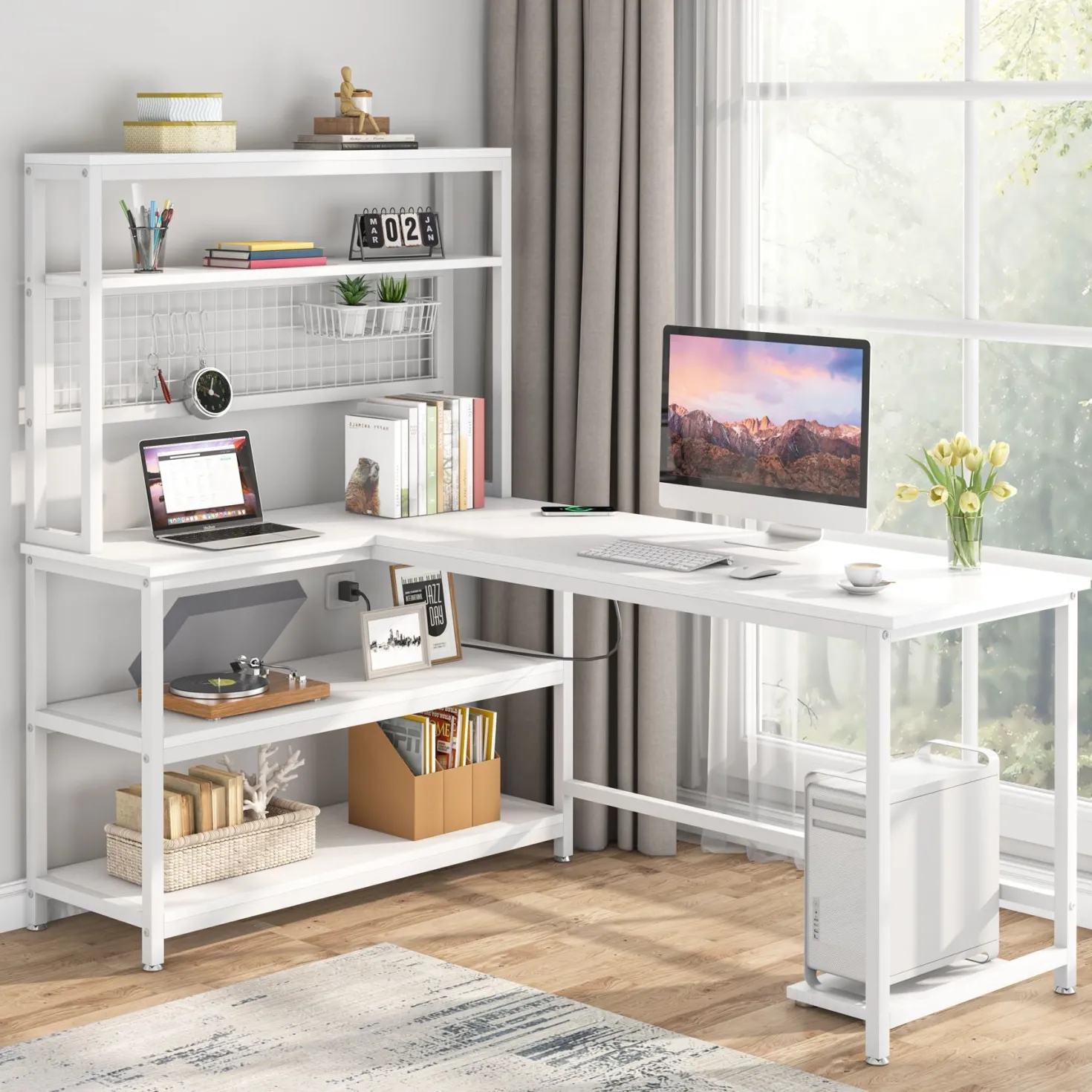 Reversible L-Shaped Desk, 55" Computer Desk with Wireless Charging & Shelves
