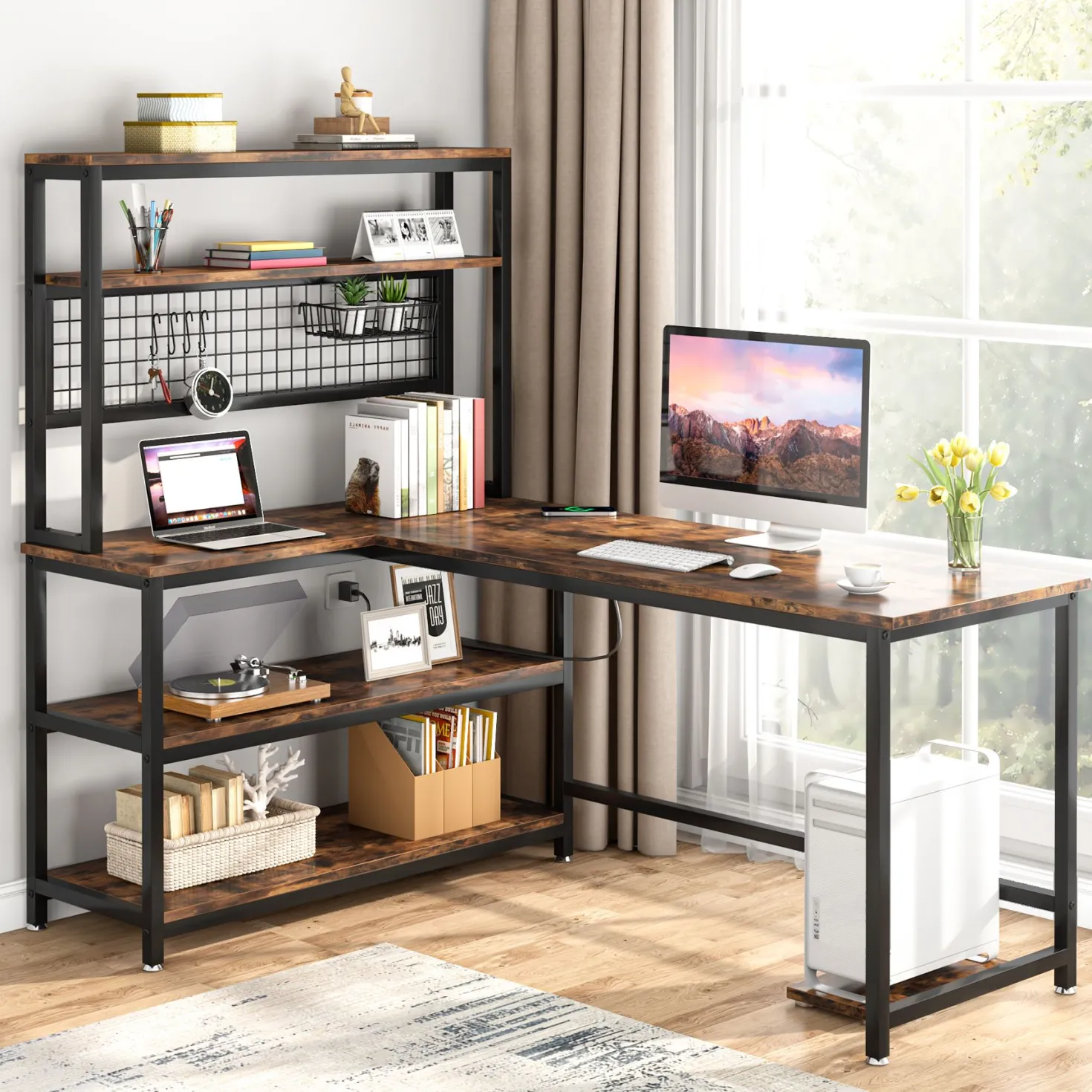 Reversible L-Shaped Desk, 55" Computer Desk with Wireless Charging & Shelves