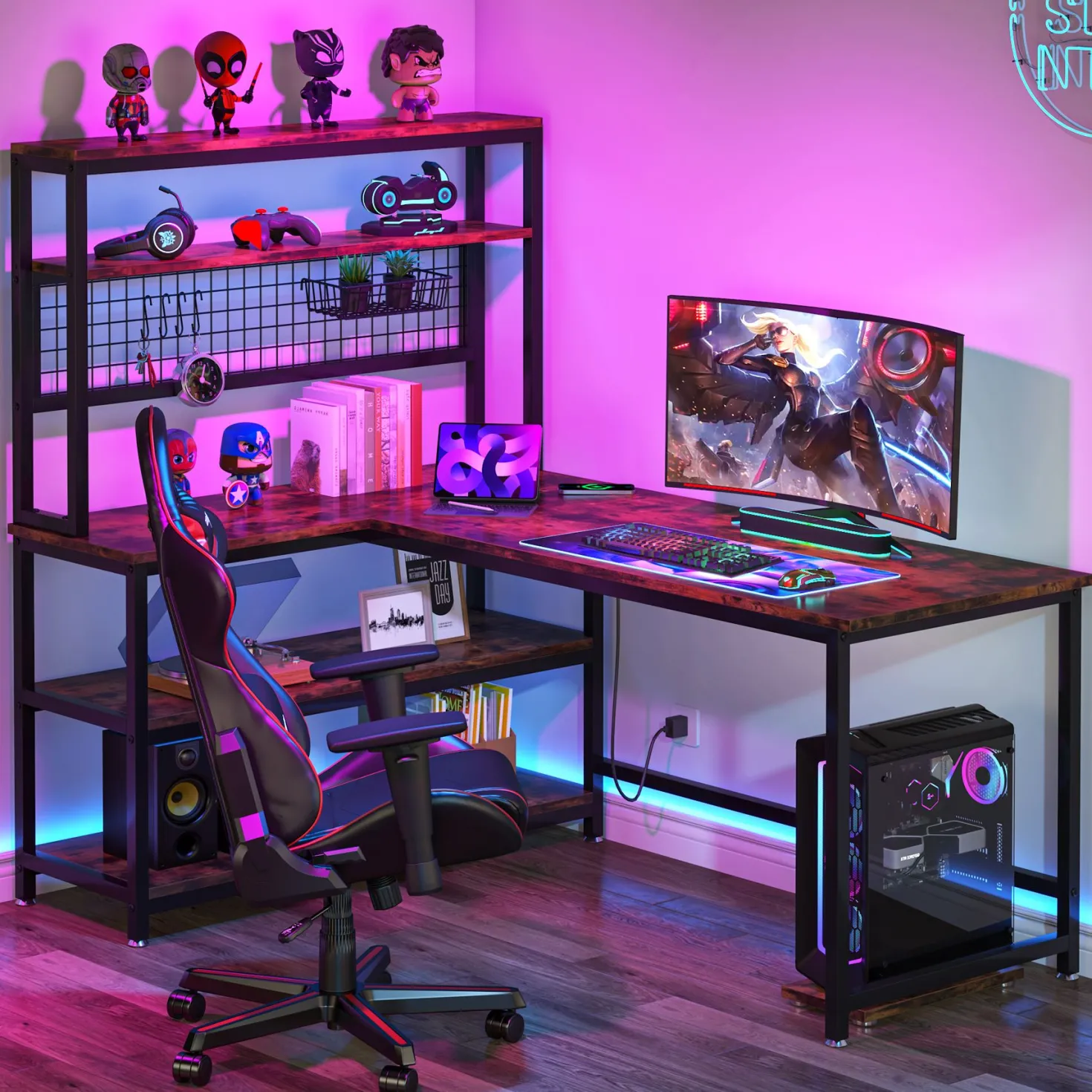 Reversible L-Shaped Desk, 55" Computer Desk with Wireless Charging & Shelves