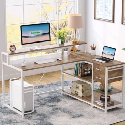Reversible L-Shaped Desk, Industrial Corner Desk with Drawer & Shelves