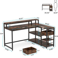Reversible L-Shaped Desk, Industrial Corner Desk with Drawer & Shelves