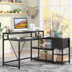 Reversible L-Shaped Desk, Industrial Corner Desk with Drawer & Shelves