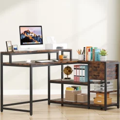 Reversible L-Shaped Desk, Industrial Corner Desk with Drawer & Shelves