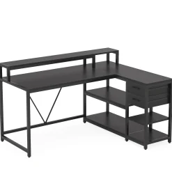 Reversible L-Shaped Desk, Industrial Corner Desk with Drawer & Shelves