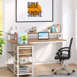 Reversible L-Shaped Desk, Industrial Corner Desk with Drawer & Shelves