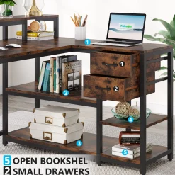 Reversible L-Shaped Desk, Industrial Corner Desk with Drawer & Shelves