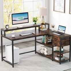 Reversible L-Shaped Desk, Industrial Corner Desk with Drawer & Shelves