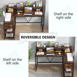 Reversible L-Shaped Desk, Industrial Corner Desk with Drawer & Shelves