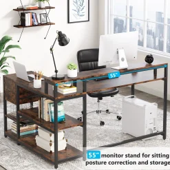 Reversible L-Shaped Desk, Industrial Corner Desk with Drawer & Shelves