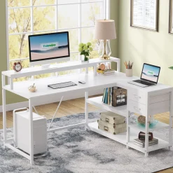 Reversible L-Shaped Desk, Industrial Corner Desk with Drawer & Shelves