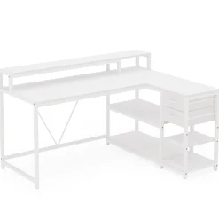Reversible L-Shaped Desk, Industrial Corner Desk with Drawer & Shelves