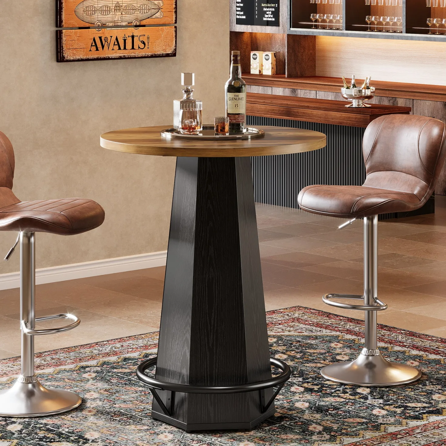 Round Bar Table, 39.4" H Bistro Pub Cocktail Table with Metal Footrest