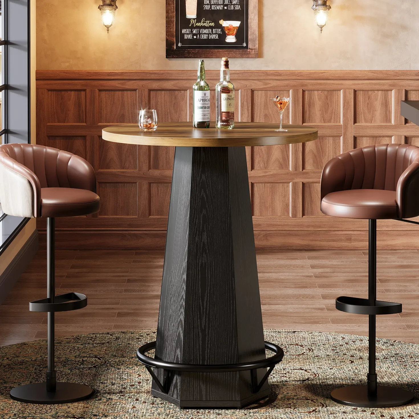 Round Bar Table, 39.4" H Bistro Pub Cocktail Table with Metal Footrest