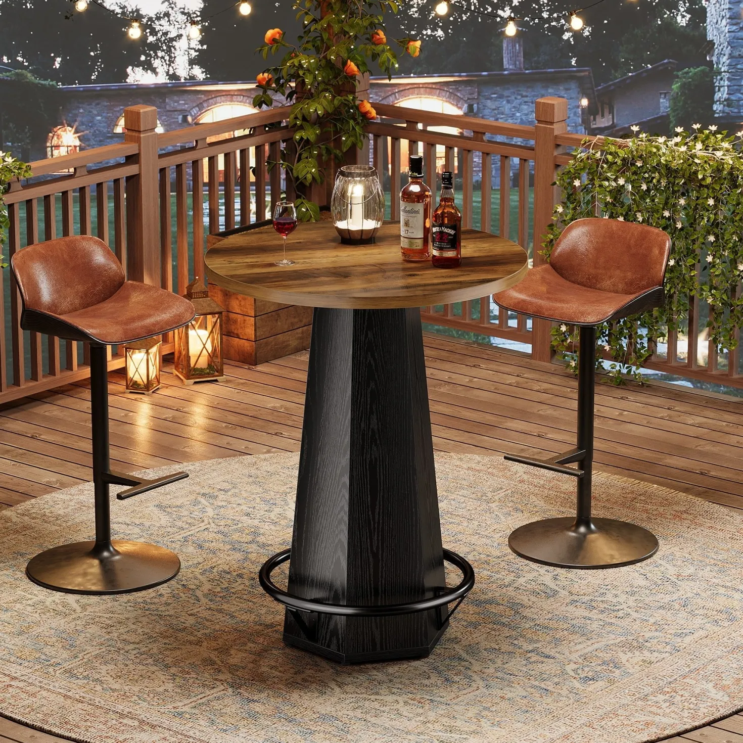 Round Bar Table, 39.4" H Bistro Pub Cocktail Table with Metal Footrest